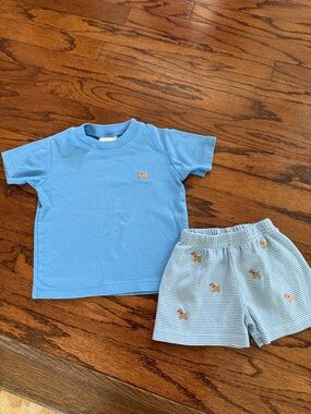 Blue Toddler Tee & Striped Shorts Set with Dog Embroidery